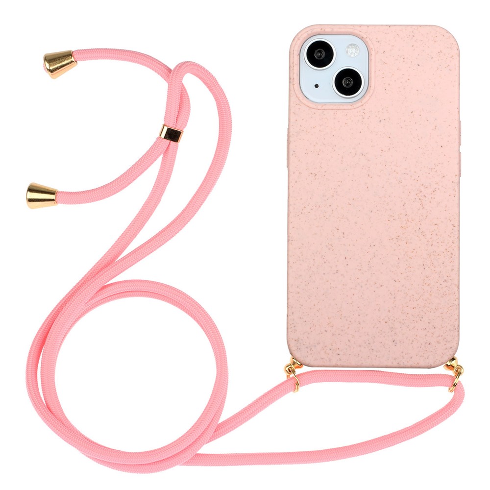 Bulk Purchasing For iPhone 15 Eco Friendly Case with Lanyard Compostable Wheat Straw+TPU Phone Cover - Pink