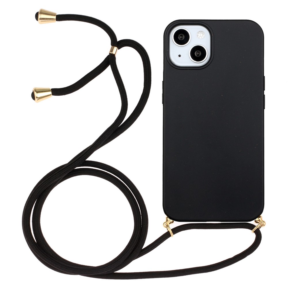 Bulk Purchasing For iPhone 15 Plus Eco Friendly Case with Lanyard Compostable Wheat Straw+TPU Phone Cover - Black