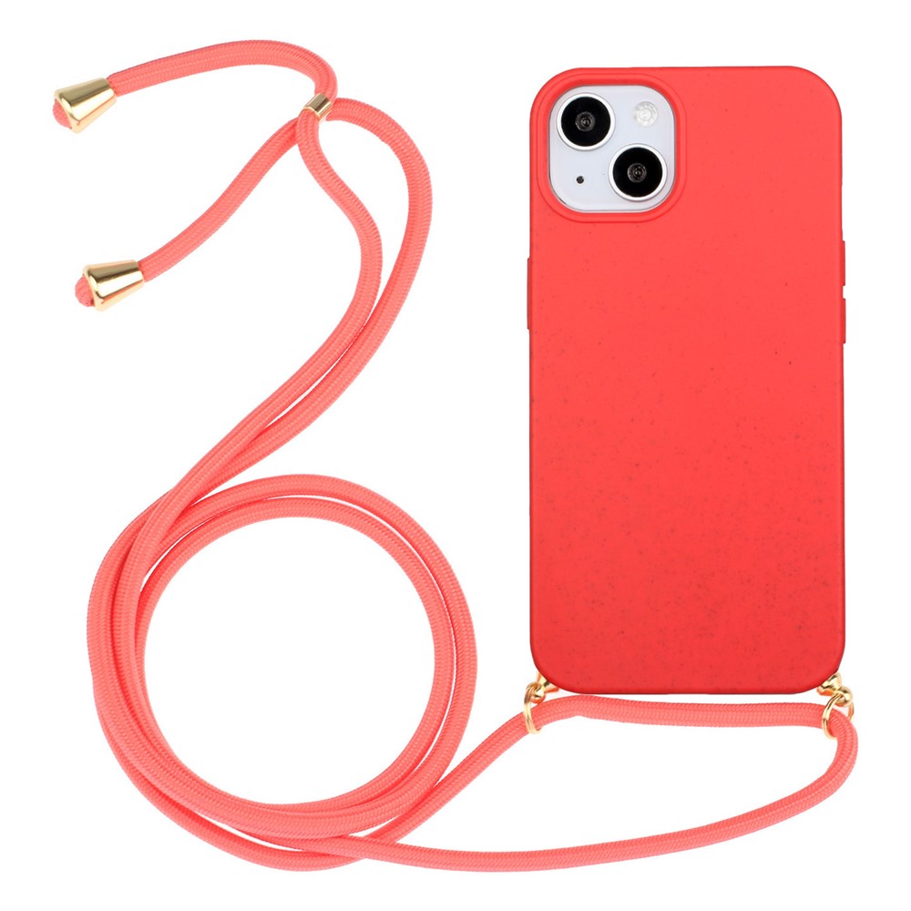 Bulk Purchasing For iPhone 15 Plus Eco Friendly Case with Lanyard Compostable Wheat Straw+TPU Phone Cover - Red