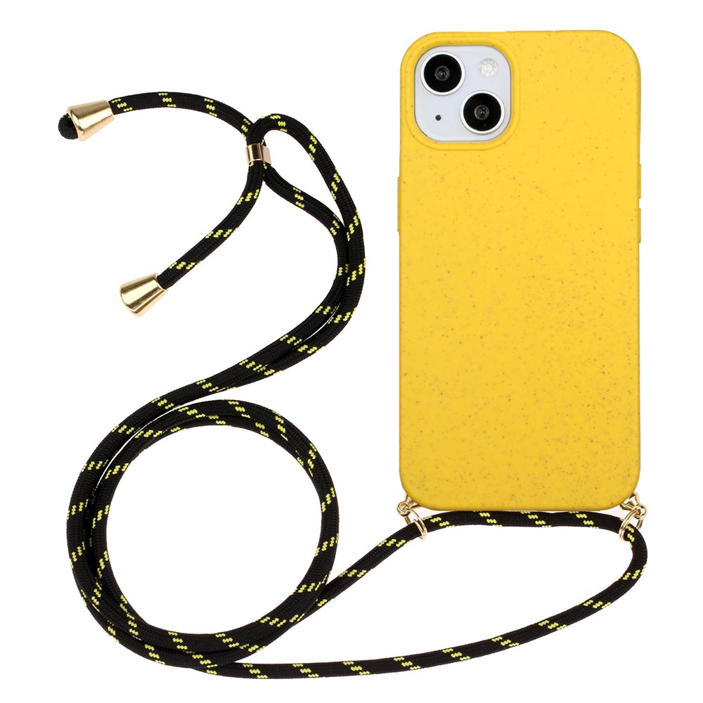 Bulk Purchasing For iPhone 15 Plus Eco Friendly Case with Lanyard Compostable Wheat Straw+TPU Phone Cover - Yellow