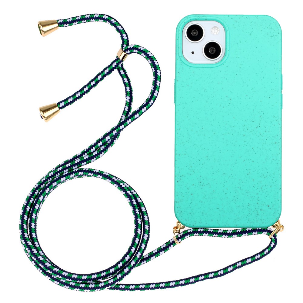 Bulk Purchasing For iPhone 14 Plus Eco Friendly Case with Lanyard Compostable Wheat Straw+TPU Phone Cover - Sky Blue