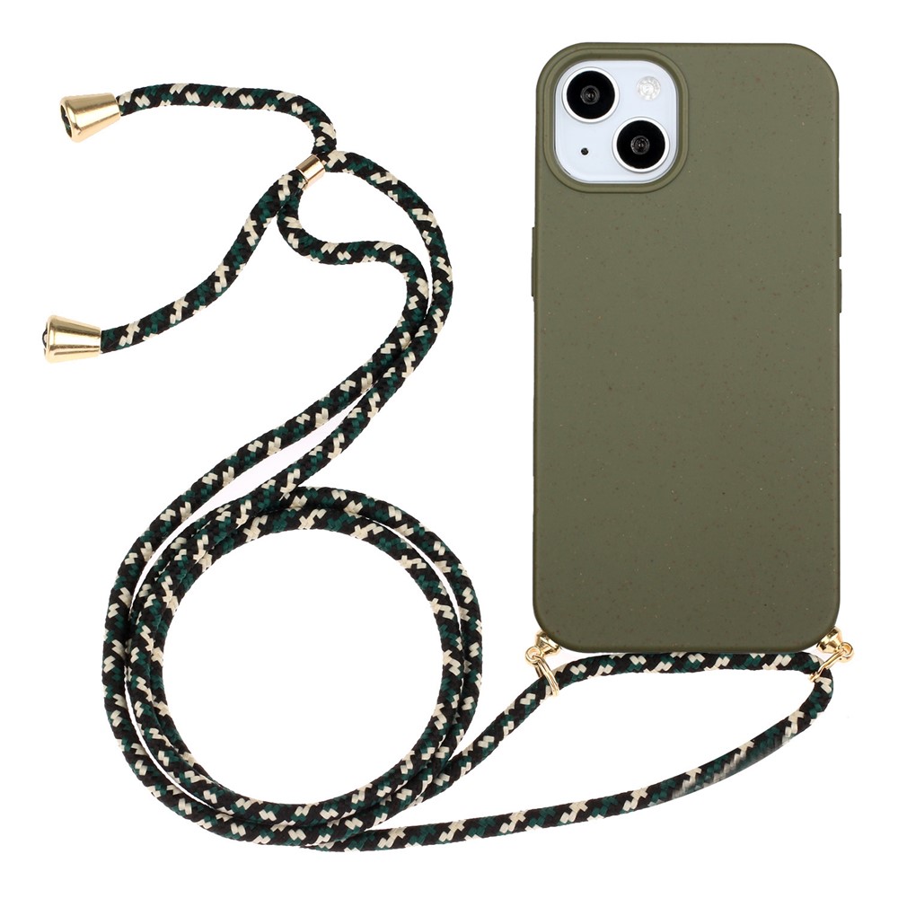 Bulk Purchasing For iPhone 13 Eco Friendly Case with Lanyard Compostable Wheat Straw+TPU Phone Cover - Army Green