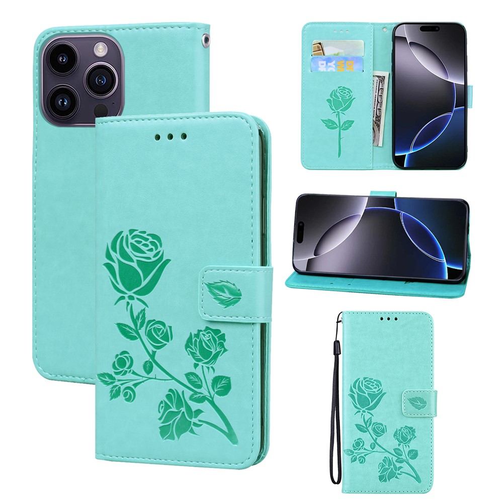 For iPhone 16 Pro Max Case Rose Pattern Leather Wallet Phone Cover with Strap - Green