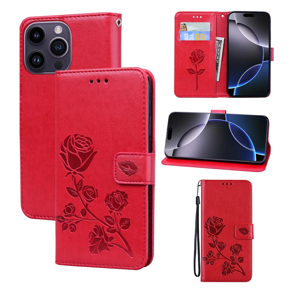 For iPhone 16 Pro Max Case Rose Pattern Leather Wallet Phone Cover with Strap - Red