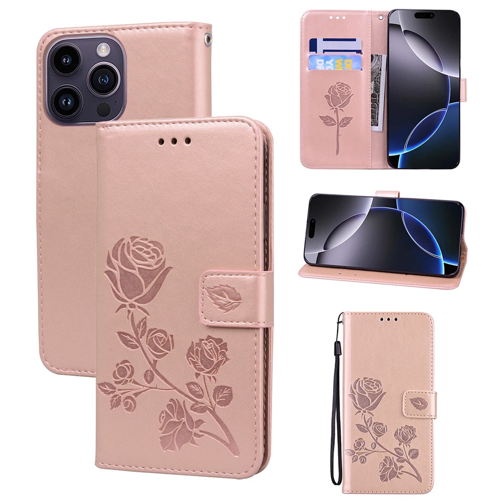 For iPhone 16 Pro Max Case Rose Pattern Leather Wallet Phone Cover with Strap - Rose Gold