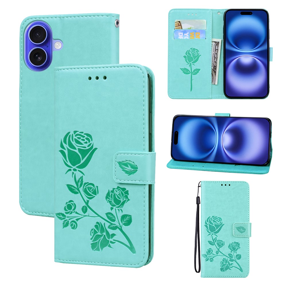 For iPhone 16 Plus Case Rose Pattern Leather Wallet Phone Cover with Strap - Green