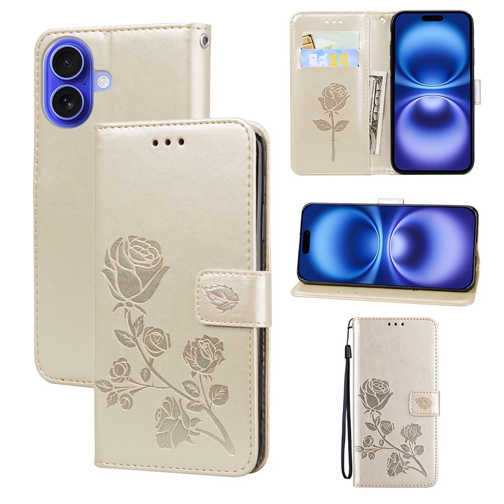 For iPhone 16 Plus Case Rose Pattern Leather Wallet Phone Cover with Strap - Gold