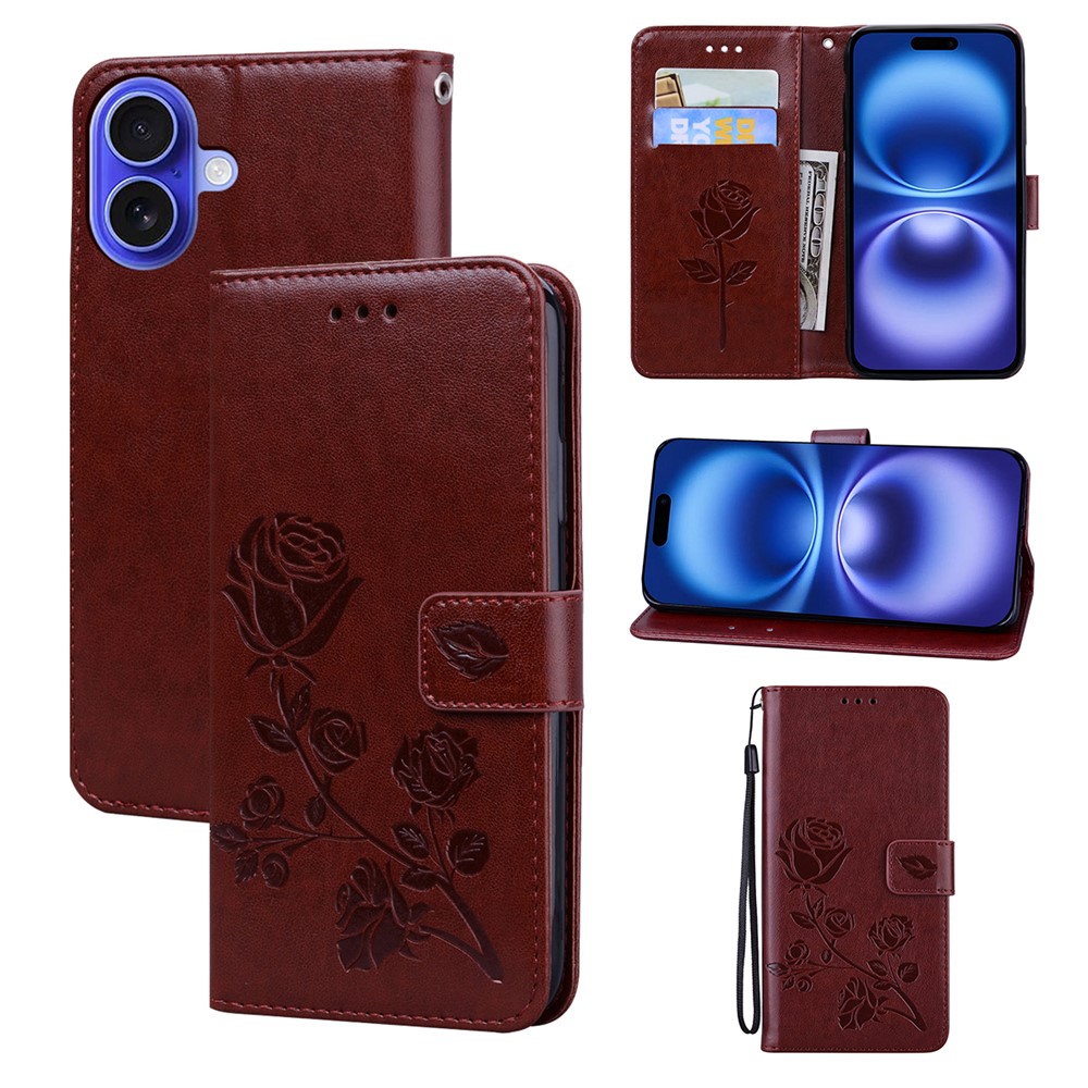 For iPhone 16 Plus Case Rose Pattern Leather Wallet Phone Cover with Strap - Brown