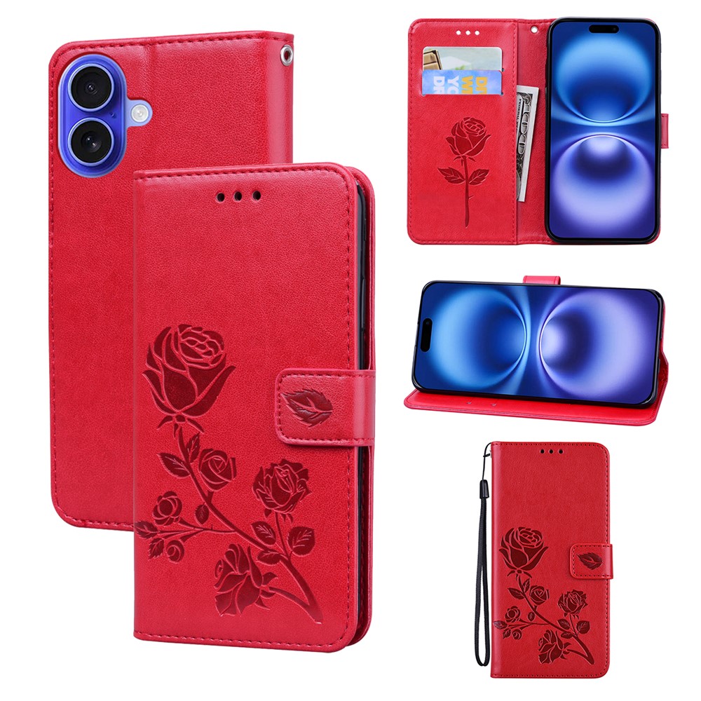 For iPhone 16 Plus Case Rose Pattern Leather Wallet Phone Cover with Strap - Red