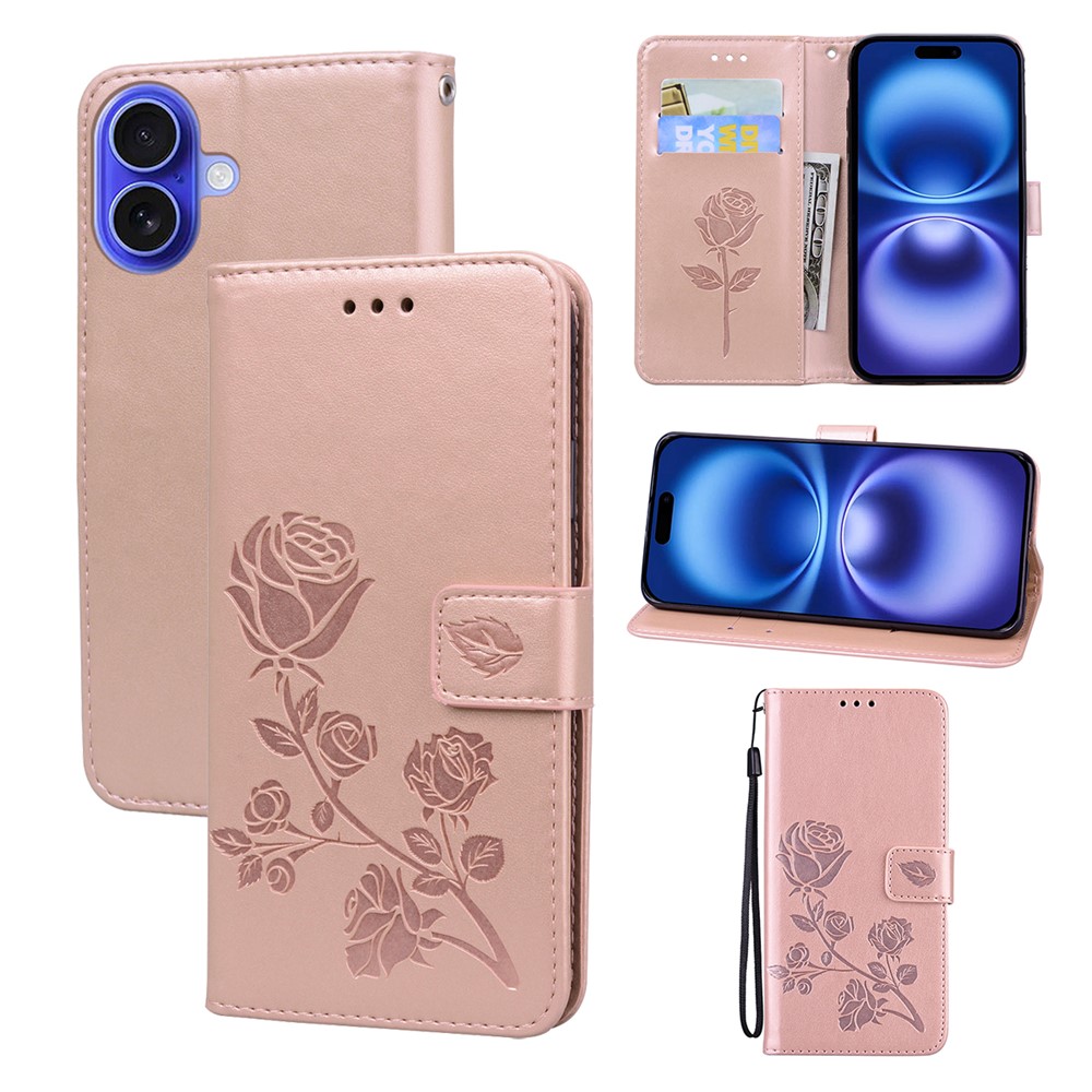 For iPhone 16 Plus Case Rose Pattern Leather Wallet Phone Cover with Strap - Rose Gold
