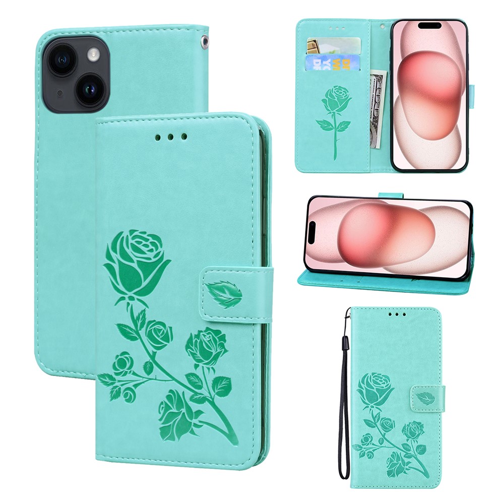 For iPhone 15 Case Rose Pattern Leather Wallet Phone Cover with Strap - Green