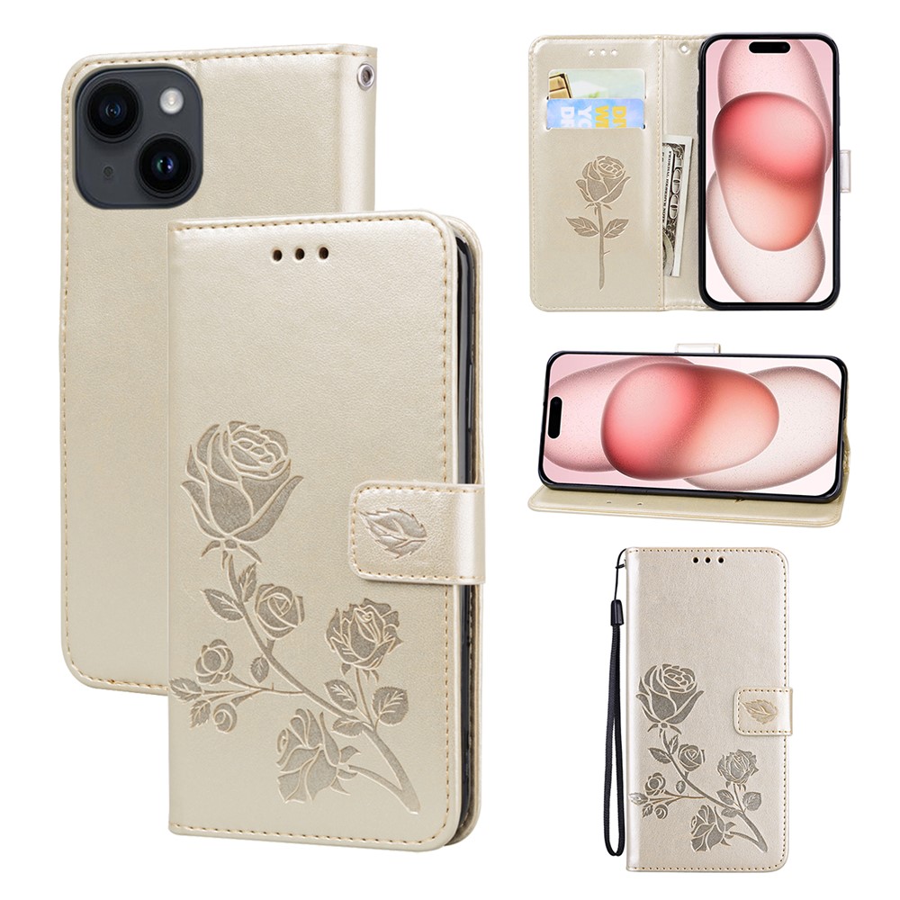 For iPhone 15 Case Rose Pattern Leather Wallet Phone Cover with Strap - Gold