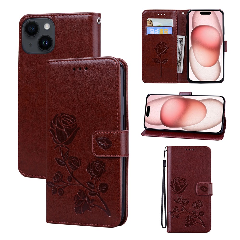 For iPhone 15 Case Rose Pattern Leather Wallet Phone Cover with Strap - Brown