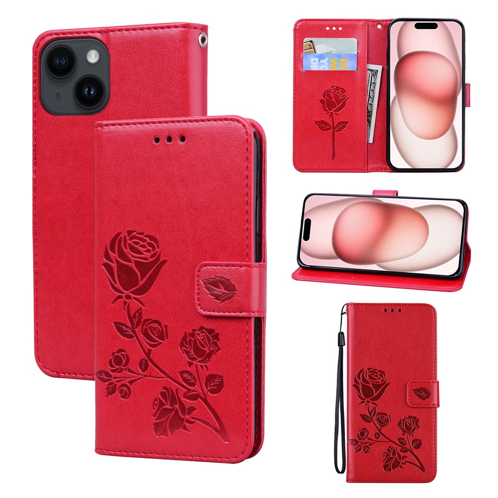 For iPhone 15 Case Rose Pattern Leather Wallet Phone Cover with Strap - Red