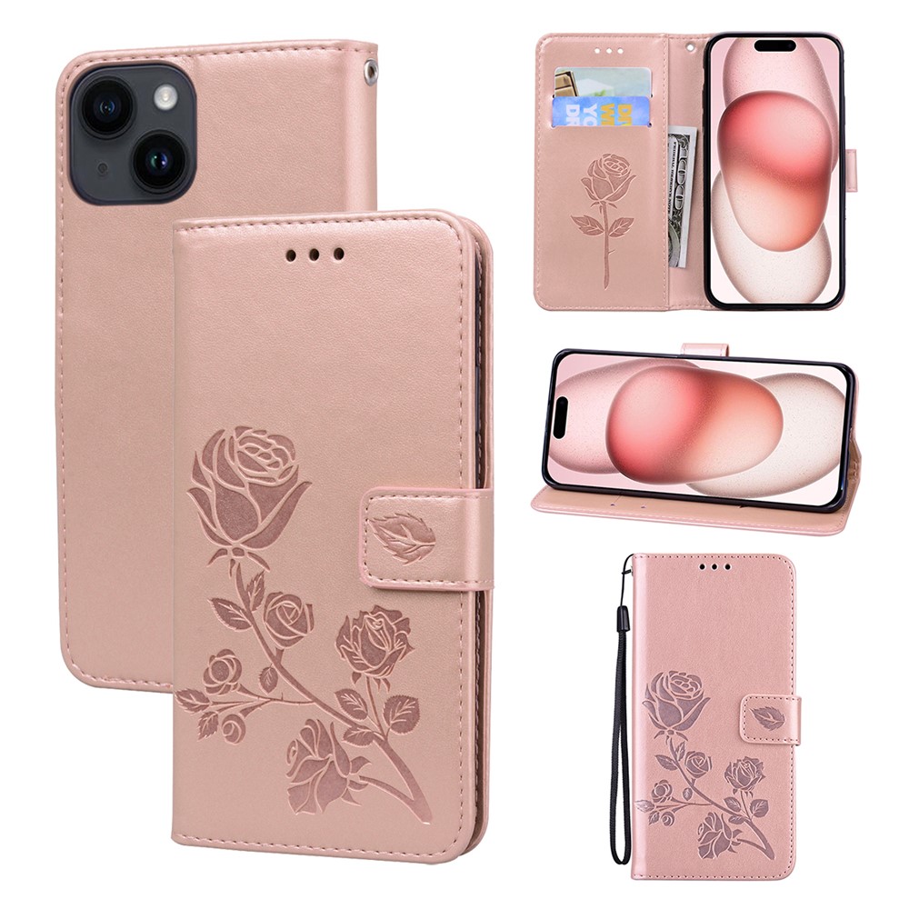 For iPhone 15 Case Rose Pattern Leather Wallet Phone Cover with Strap - Rose Gold