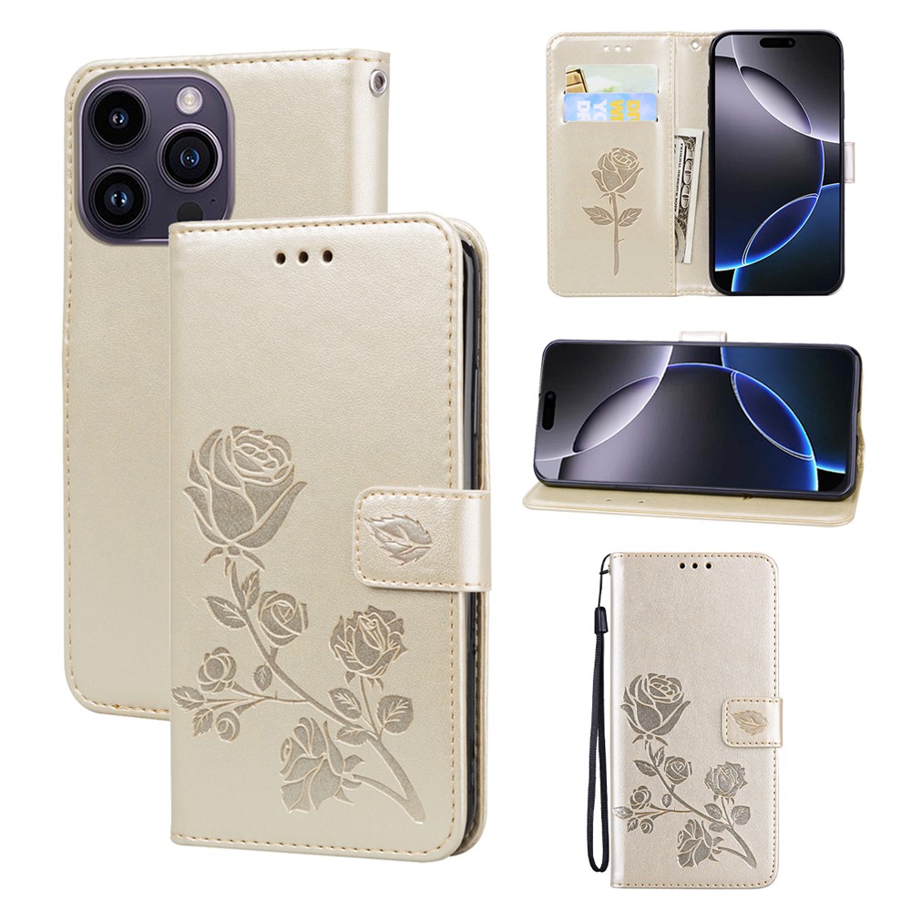 For iPhone 14 Pro Max Case Rose Pattern Leather Wallet Phone Cover with Strap - Gold