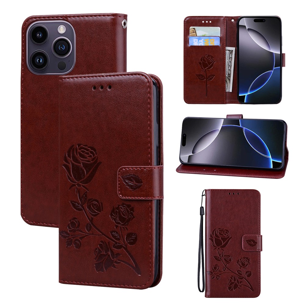 For iPhone 14 Pro Max Case Rose Pattern Leather Wallet Phone Cover with Strap - Brown
