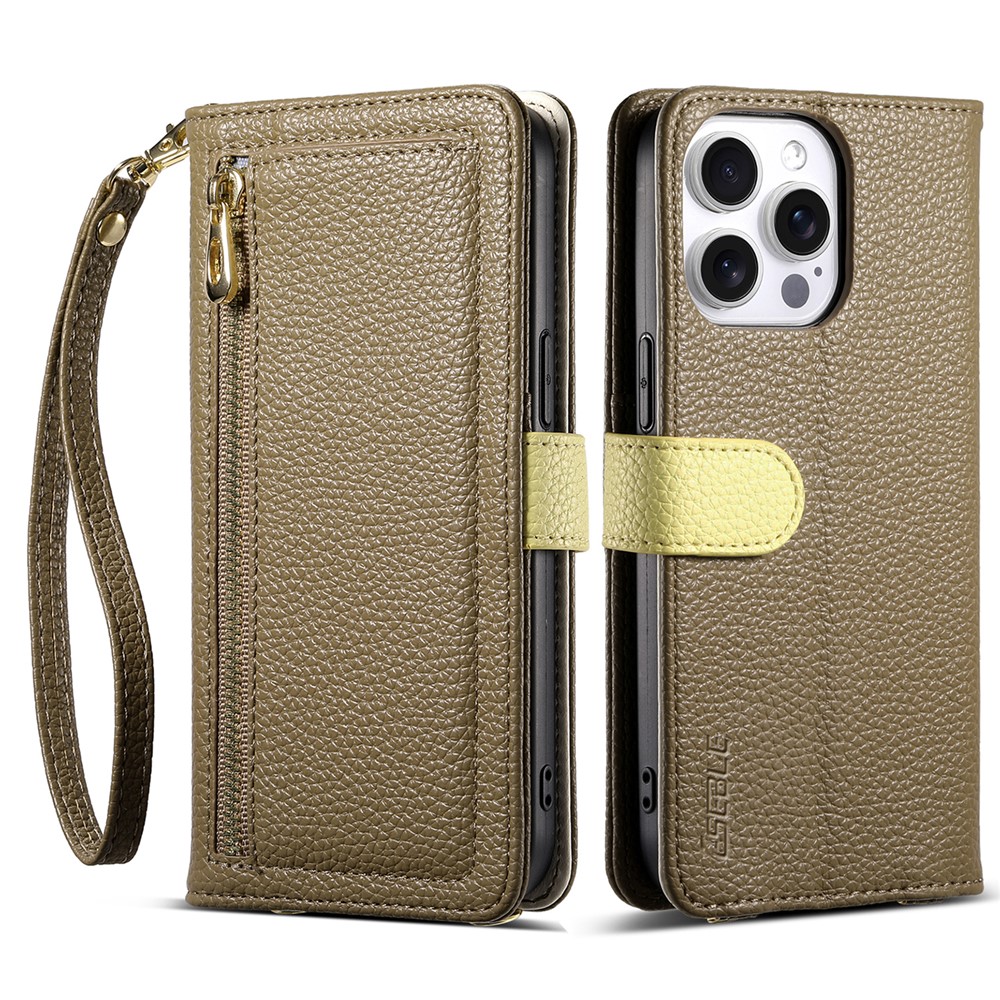 ESEBLE E11 For iPhone 16 Pro Max Case Zipper Pocket Litchi Texture Leather Phone Cover with Mirror and Wrist Strap - Brown