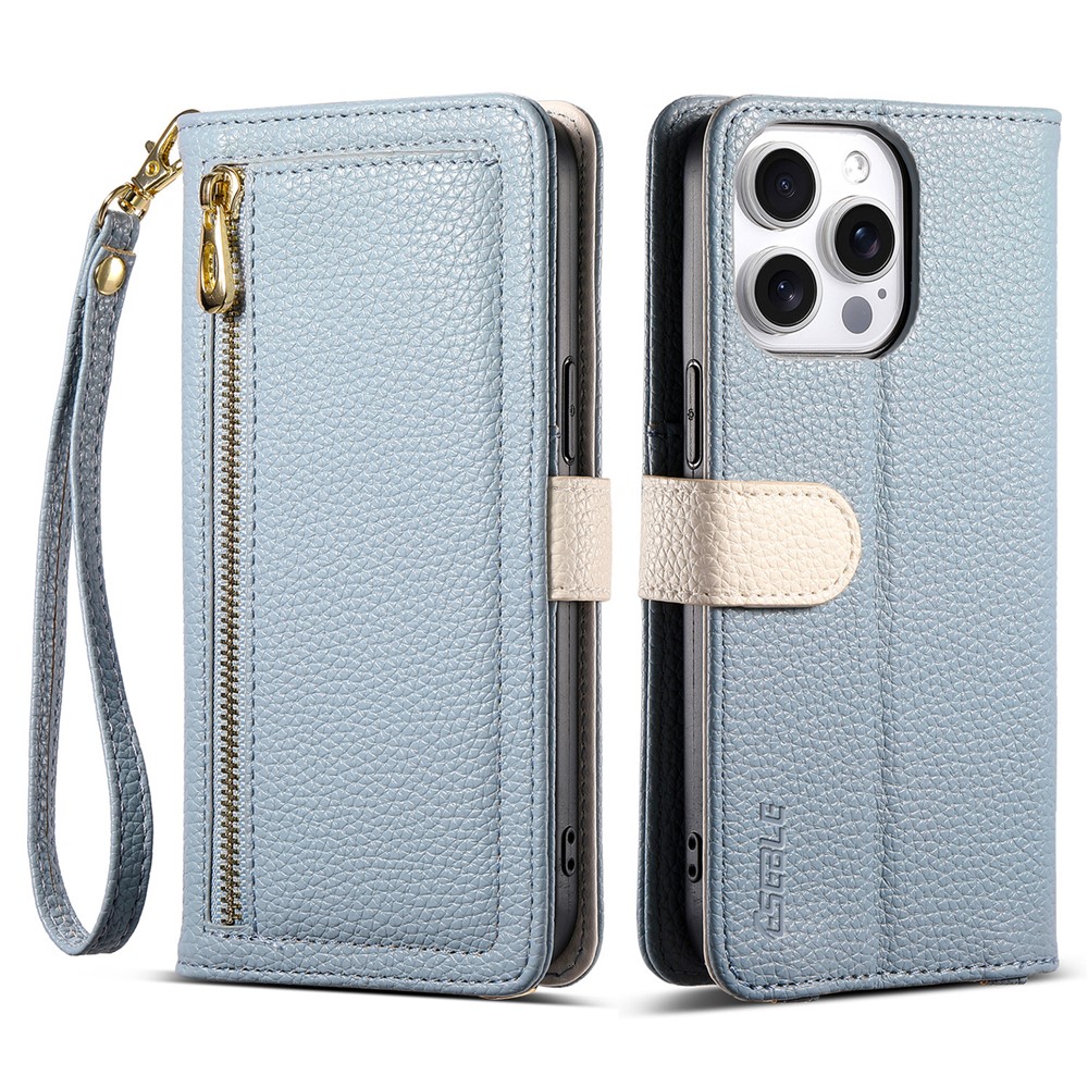 ESEBLE E11 For iPhone 16 Pro Max Case Zipper Pocket Litchi Texture Leather Phone Cover with Mirror and Wrist Strap - Sky Blue