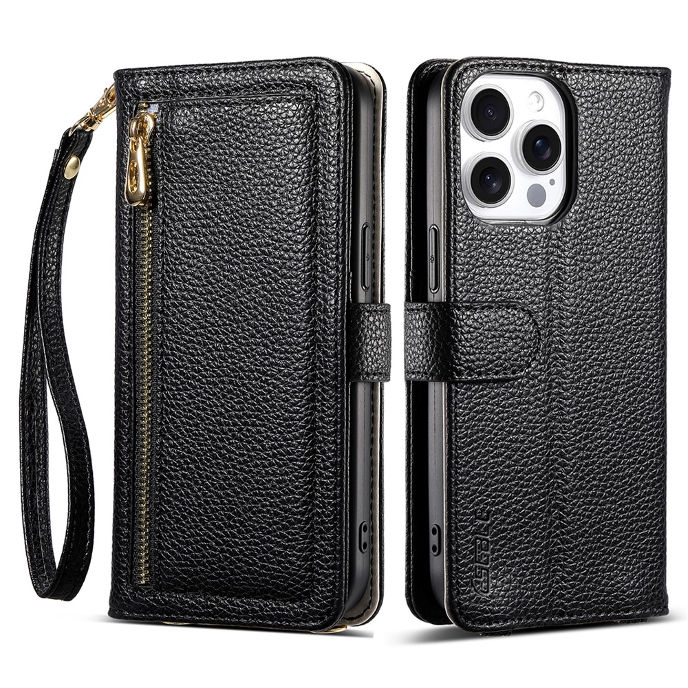 ESEBLE E11 For iPhone 16 Pro Max Case Zipper Pocket Litchi Texture Leather Phone Cover with Mirror and Wrist Strap - Black