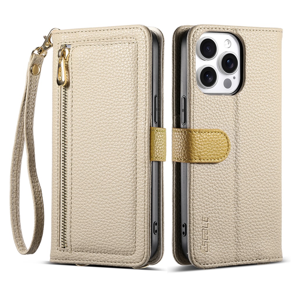 ESEBLE E11 For iPhone 16 Pro Max Case Zipper Pocket Litchi Texture Leather Phone Cover with Mirror and Wrist Strap - Khaki
