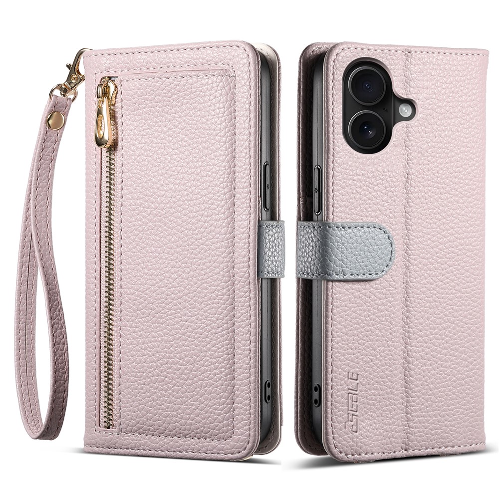 ESEBLE E11 For iPhone 16 Plus Case Zipper Pocket Litchi Texture Leather Phone Cover with Mirror and Wrist Strap - Light Purple