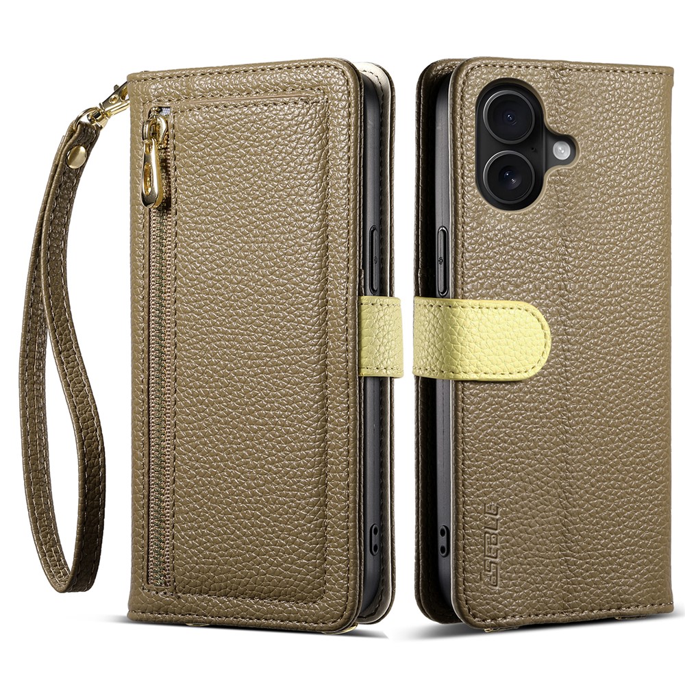 ESEBLE E11 For iPhone 16 Plus Case Zipper Pocket Litchi Texture Leather Phone Cover with Mirror and Wrist Strap - Brown