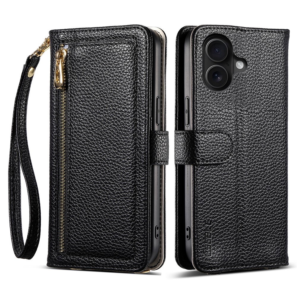 ESEBLE E11 For iPhone 16 Plus Case Zipper Pocket Litchi Texture Leather Phone Cover with Mirror and Wrist Strap - Black