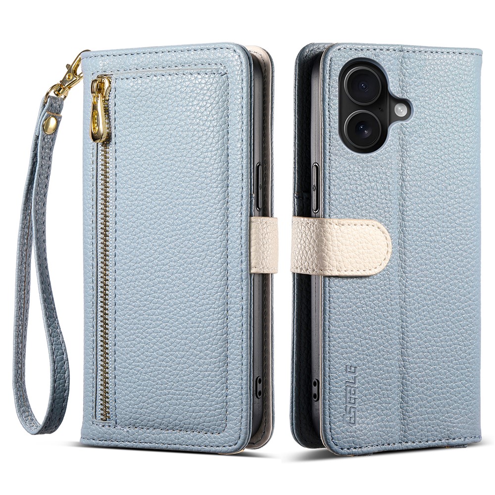 ESEBLE E11 For iPhone 16 Plus Case Zipper Pocket Litchi Texture Leather Phone Cover with Mirror and Wrist Strap - Sky Blue