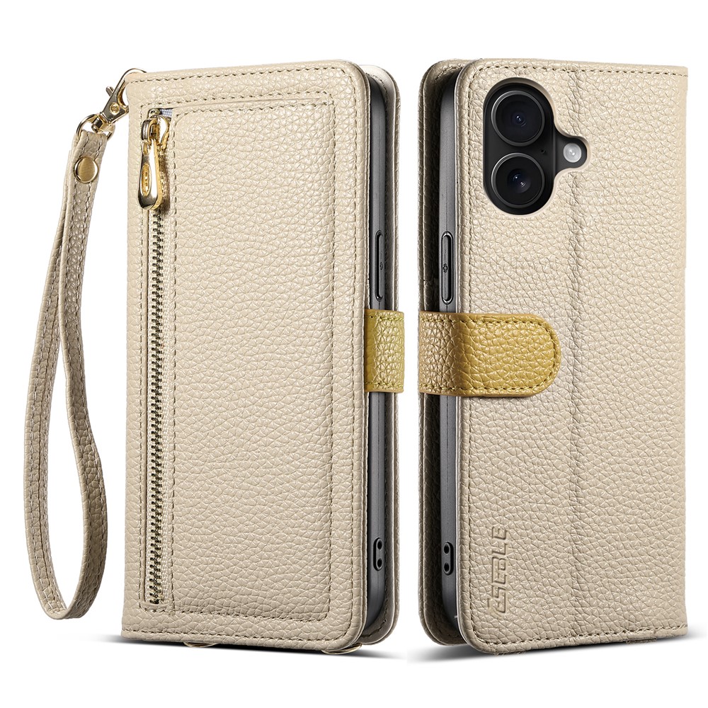 ESEBLE E11 For iPhone 16 Plus Case Zipper Pocket Litchi Texture Leather Phone Cover with Mirror and Wrist Strap - Khaki