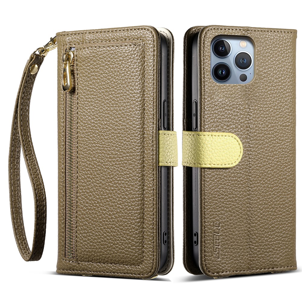 ESEBLE E11 For iPhone 15 Pro Max Case Zipper Pocket Litchi Texture Leather Phone Cover with Mirror and Wrist Strap - Brown