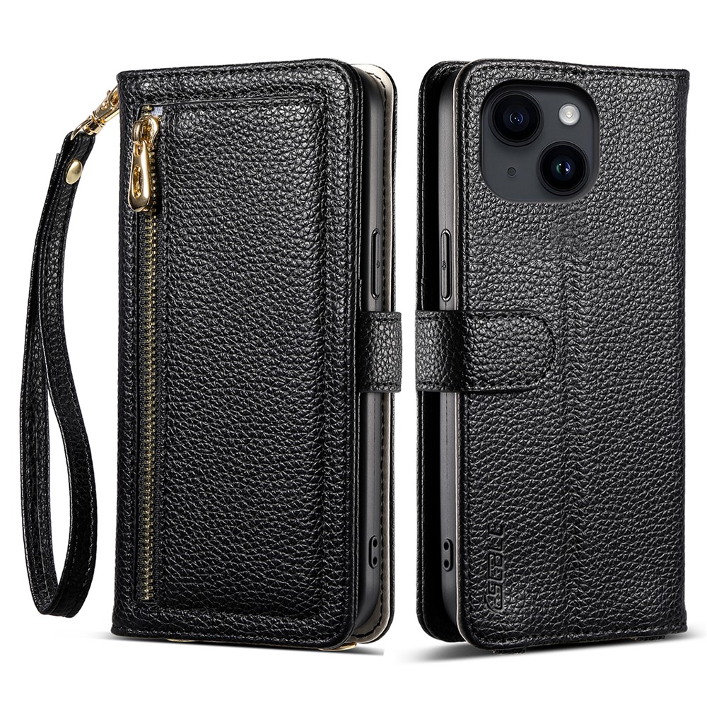 ESEBLE E11 For iPhone 15 Case Zipper Pocket Litchi Texture Leather Phone Cover with Mirror and Wrist Strap - Black