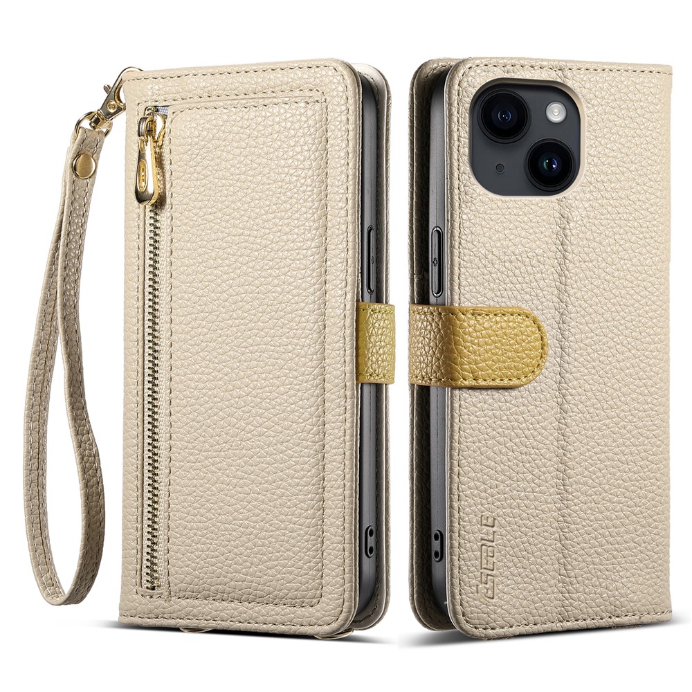 ESEBLE E11 For iPhone 15 Case Zipper Pocket Litchi Texture Leather Phone Cover with Mirror and Wrist Strap - Khaki