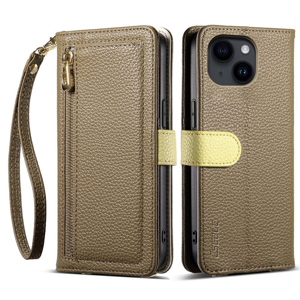 ESEBLE E11 For iPhone 14 / 13 Case Zipper Pocket Litchi Texture Leather Phone Cover with Mirror and Wrist Strap - Brown
