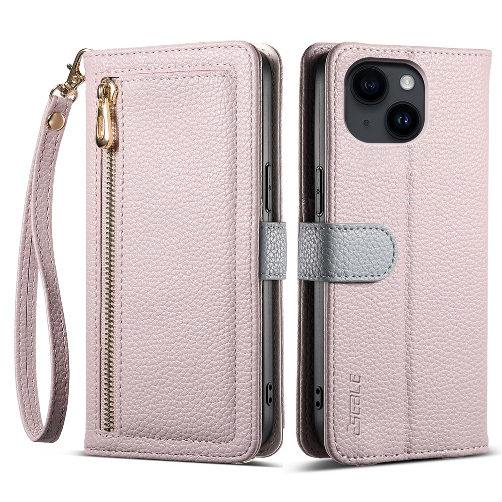ESEBLE E11 For iPhone 14 / 13 Case Zipper Pocket Litchi Texture Leather Phone Cover with Mirror and Wrist Strap - Light Purple
