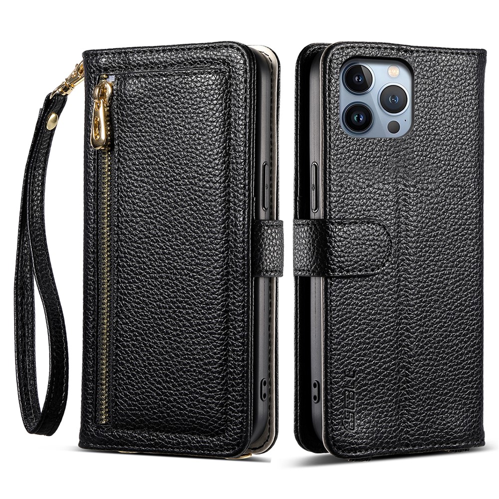 ESEBLE E11 For iPhone 14 Pro Case Zipper Pocket Litchi Texture Leather Phone Cover with Mirror and Wrist Strap - Black