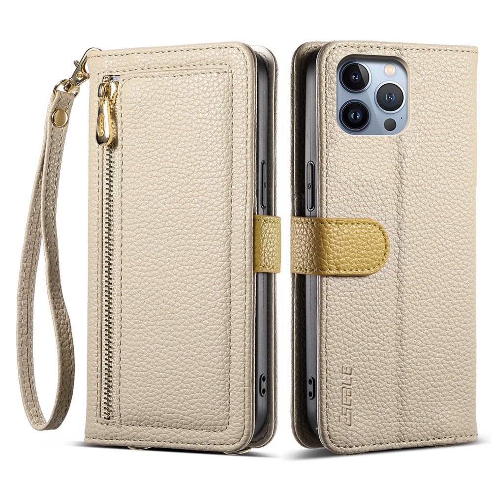ESEBLE E11 For iPhone 14 Pro Case Zipper Pocket Litchi Texture Leather Phone Cover with Mirror and Wrist Strap - Khaki