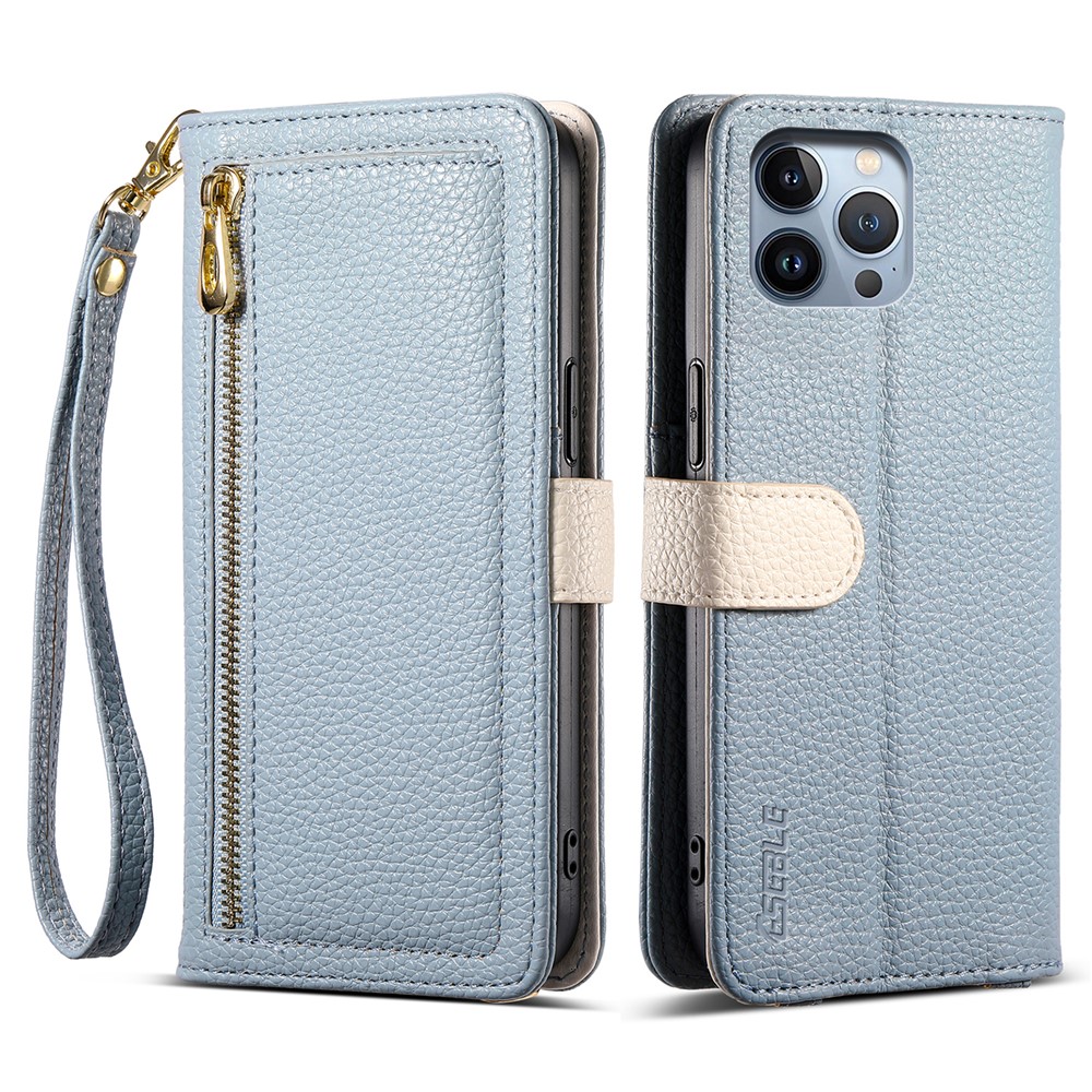 ESEBLE E11 For iPhone 14 Pro Case Zipper Pocket Litchi Texture Leather Phone Cover with Mirror and Wrist Strap - Sky Blue