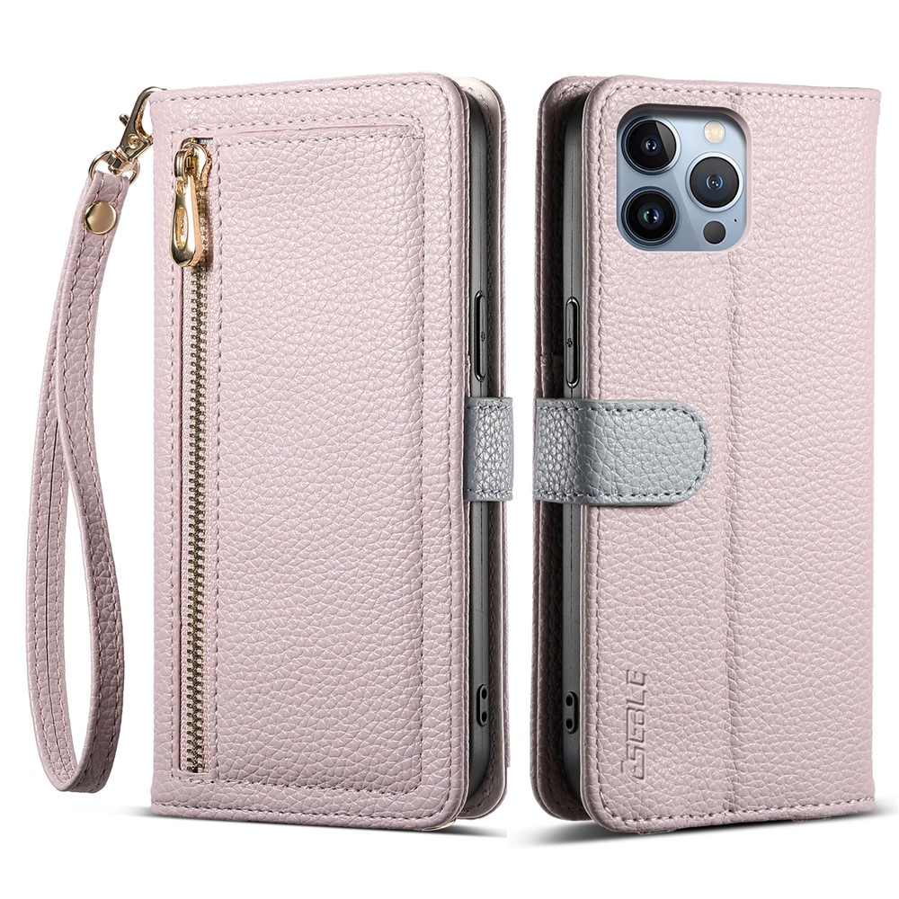ESEBLE E11 For iPhone 14 Pro Case Zipper Pocket Litchi Texture Leather Phone Cover with Mirror and Wrist Strap - Light Purple