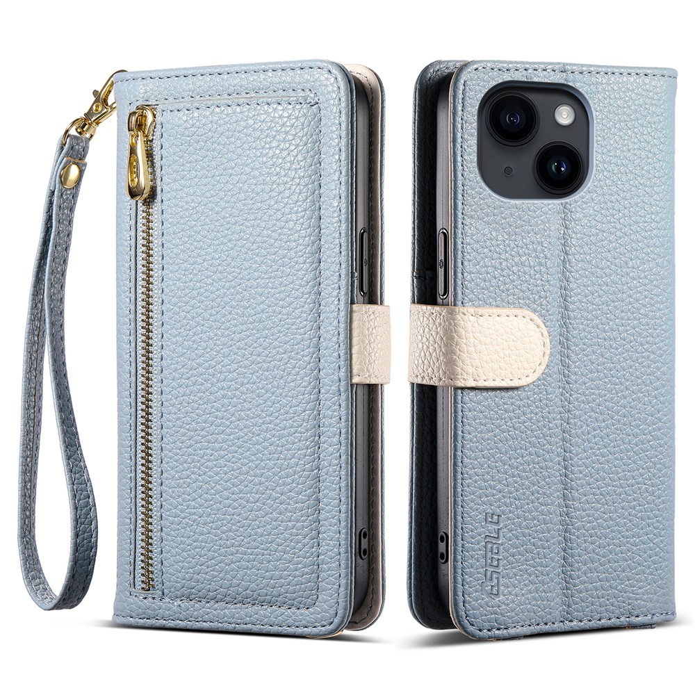 ESEBLE E11 For iPhone 15 Plus / 14 Plus Case Zipper Pocket Litchi Texture Leather Phone Cover with Mirror and Wrist Strap - Sky Blue