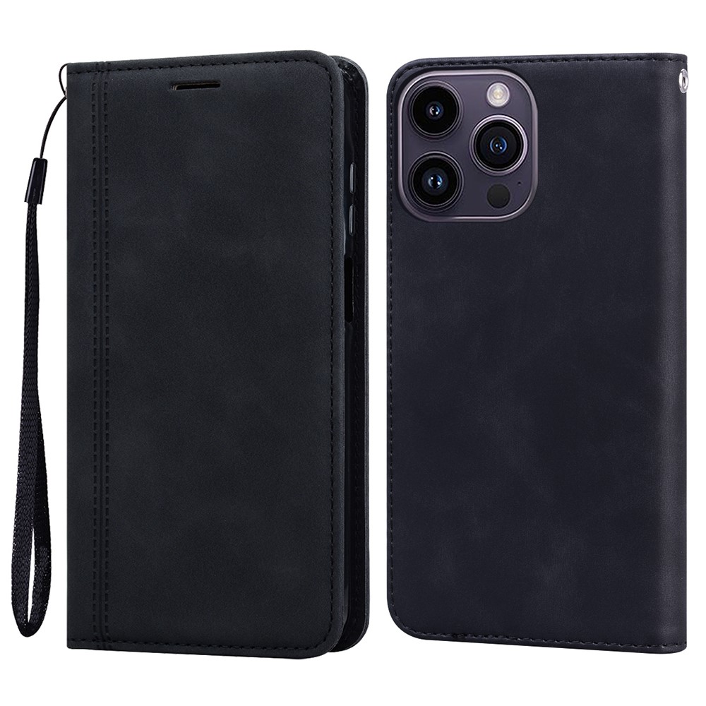 For iPhone 16 Pro Max Case Business Style Magnetic Closure Leather Phone Cover with Strap - Black
