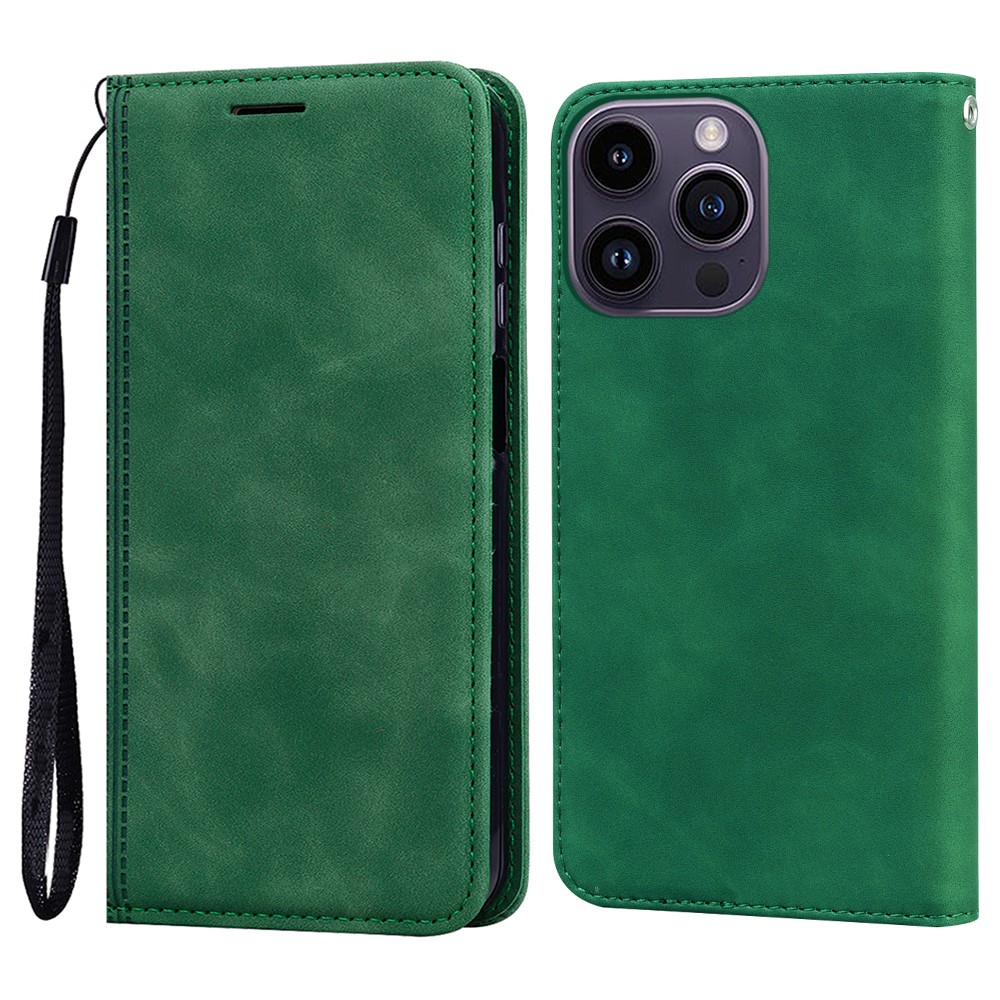 For iPhone 16 Pro Max Case Business Style Magnetic Closure Leather Phone Cover with Strap - Green