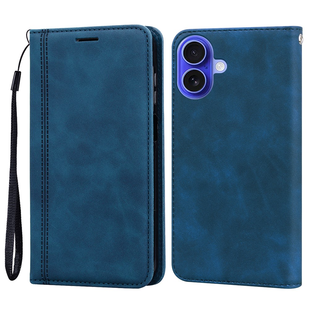 For iPhone 16 Plus Case Business Style Magnetic Closure Leather Phone Cover with Strap - Blue