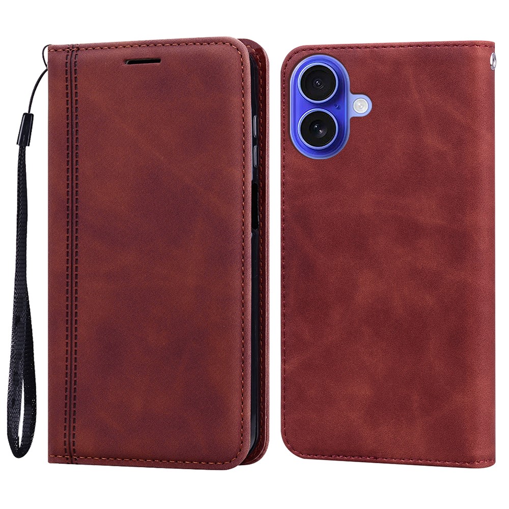 For iPhone 16 Plus Case Business Style Magnetic Closure Leather Phone Cover with Strap - Brown