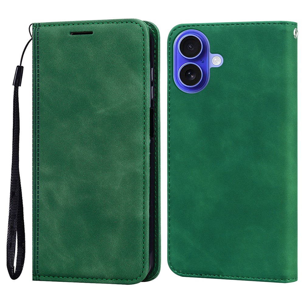 For iPhone 16 Plus Case Business Style Magnetic Closure Leather Phone Cover with Strap - Green