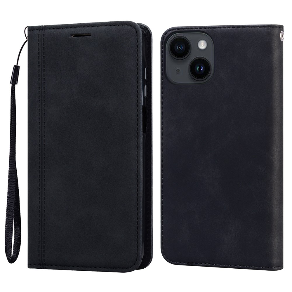 For iPhone 15 Case Business Style Magnetic Closure Leather Phone Cover with Strap - Black