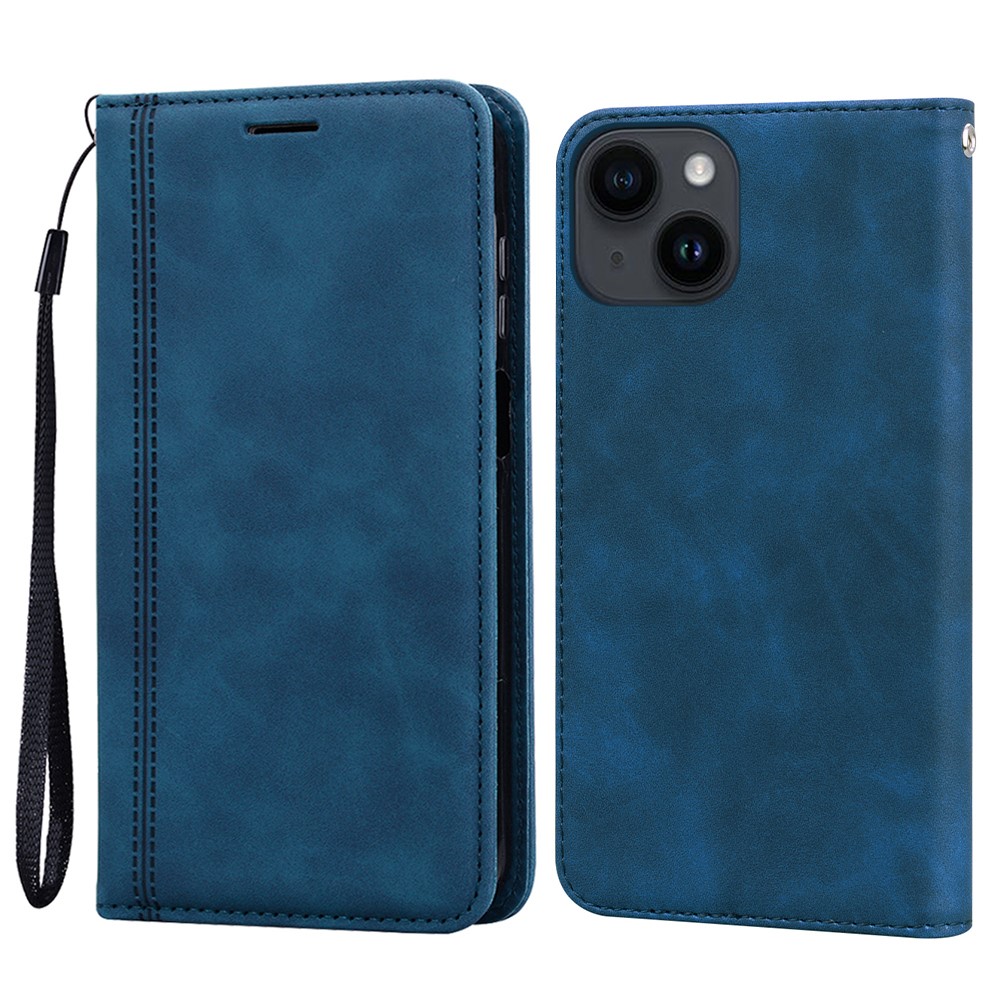 For iPhone 15 Case Business Style Magnetic Closure Leather Phone Cover with Strap - Blue
