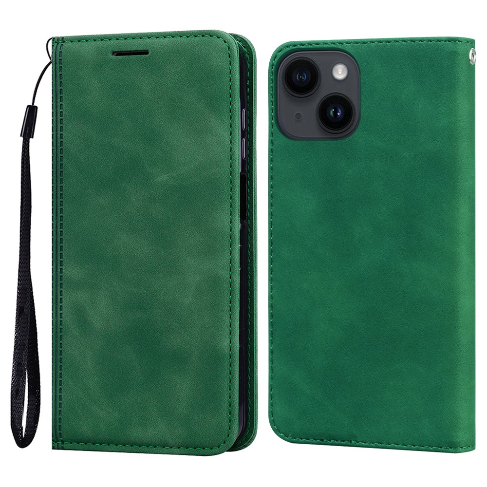 For iPhone 15 Case Business Style Magnetic Closure Leather Phone Cover with Strap - Green