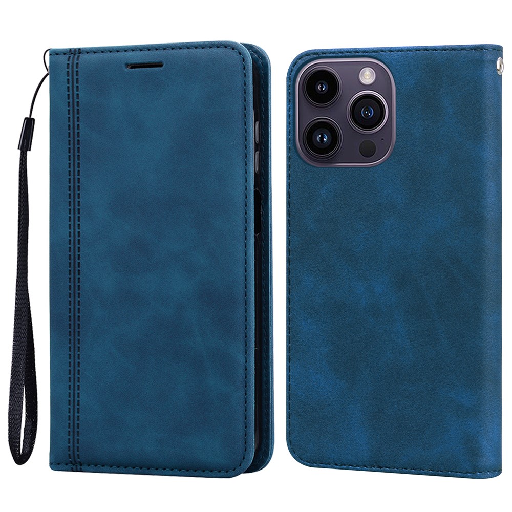 For iPhone 15 Pro Case Business Style Magnetic Closure Leather Phone Cover with Strap - Blue