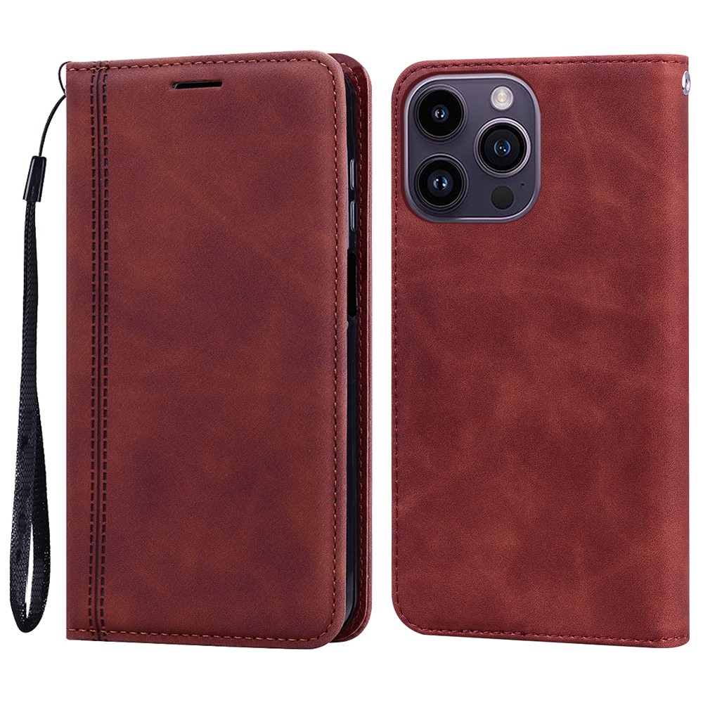 For iPhone 14 Pro Max Case Business Style Magnetic Closure Leather Phone Cover with Strap - Brown